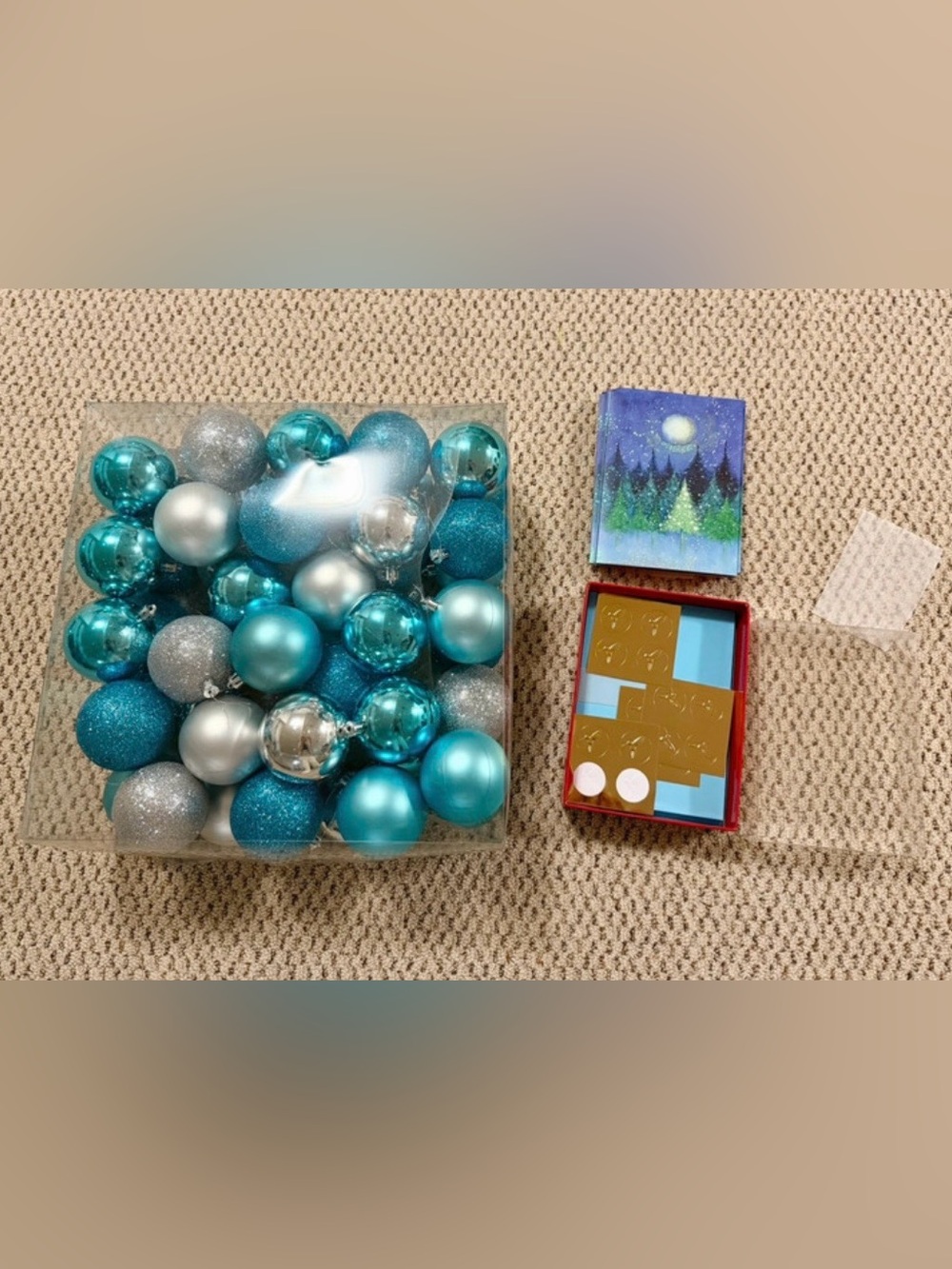 Christmas ornaments, 50 count plus 16 season greetings cards